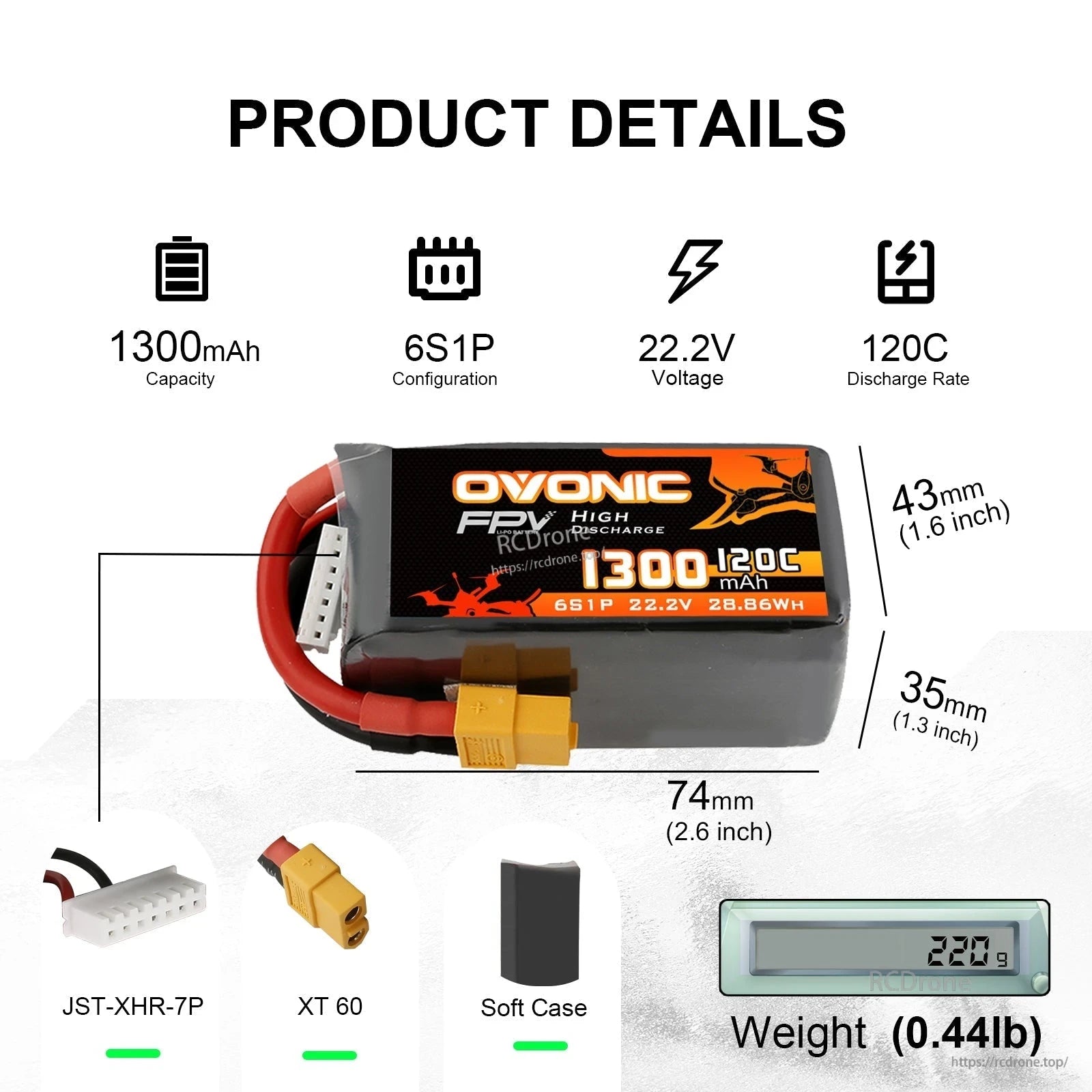 Product details chart showing Ovonic battery size 74×35×43mm, weight 220g (0.44lb), XT60 and JST-XHR-7P connectors