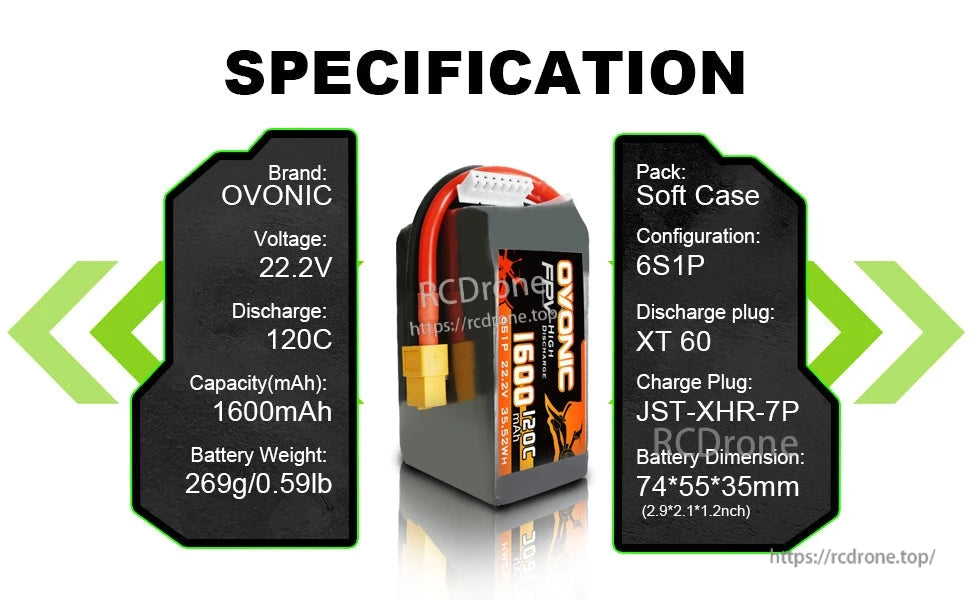 Specification panel listing 22.2V, 120C, 1600mAh, 6S1P, XT60 and JST-XH-7P with 74×55×35mm size