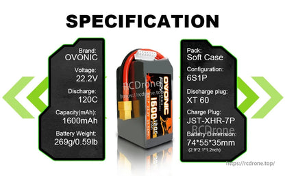 Specification panel listing 22.2V, 120C, 1600mAh, 6S1P, XT60 and JST-XH-7P with 74×55×35mm size