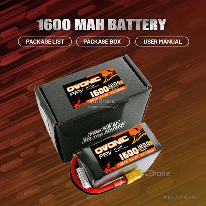 Package contents view with Ovonic 1600mAh battery pack shown beside branded retail box