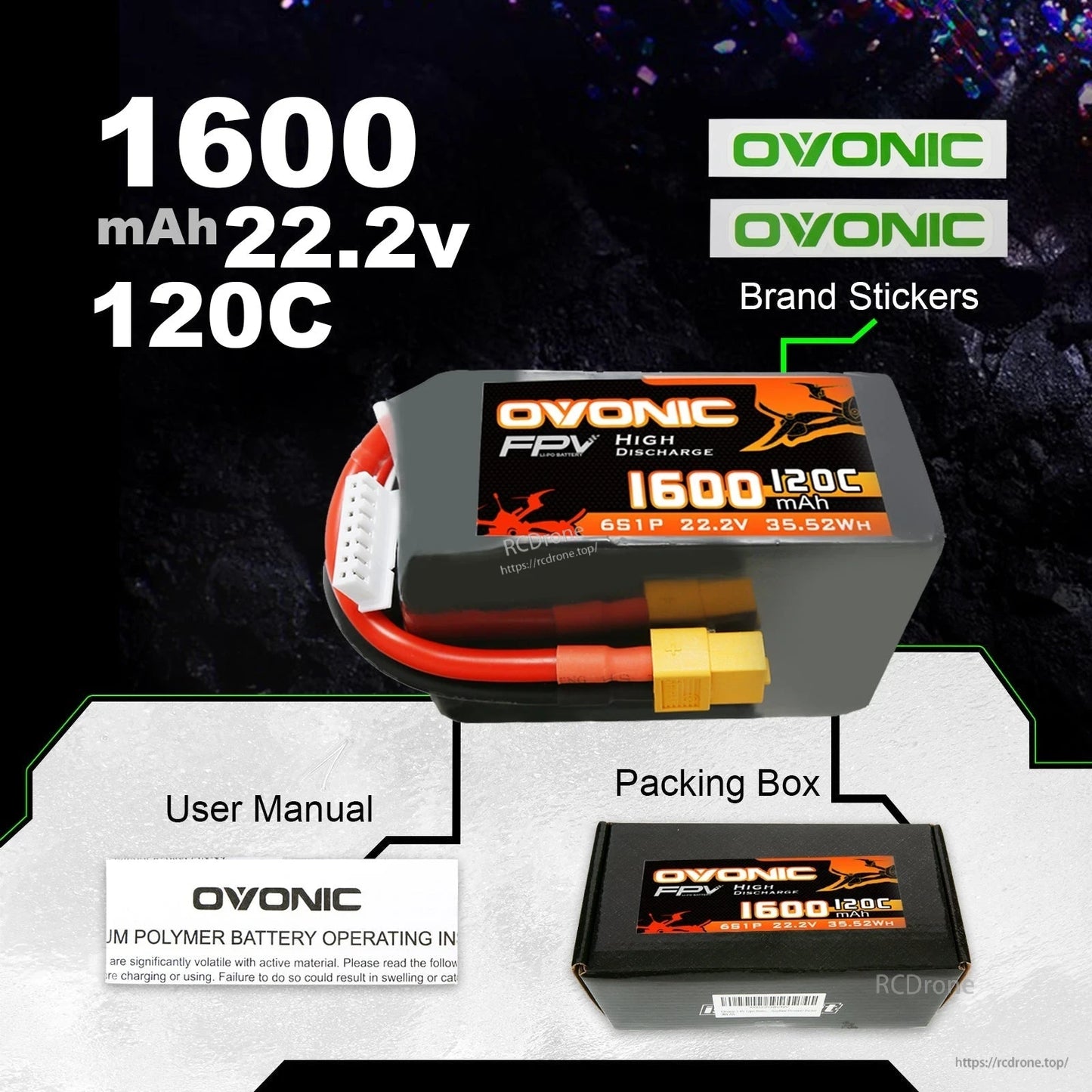 Package includes Ovonic battery, packing box, user manual and brand stickers shown in one layout