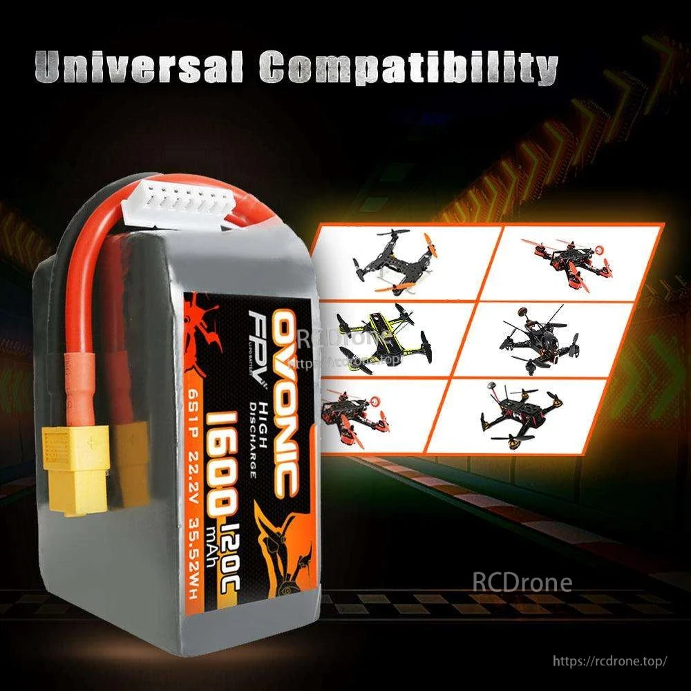 Universal compatibility graphic showing Ovonic battery beside multiple FPV quadcopter illustrations