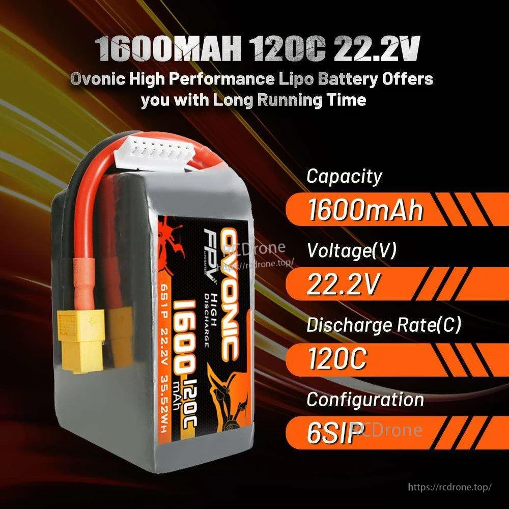 Specs highlight graphic showing 1600mAh, 22.2V, 120C and 6S1P configuration next to battery pack