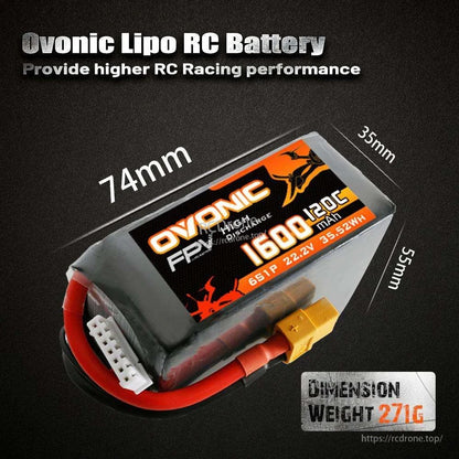 Battery dimensions graphic showing 74mm x 55mm x 35mm and weight 271g for Ovonic 6S LiPo pack