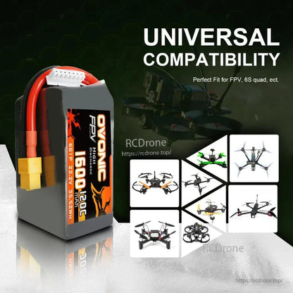 Compatibility banner with Ovonic battery and grid of FPV quad images labeled universal compatibility