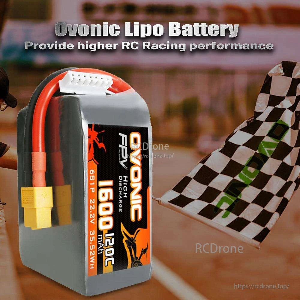 Ovonic LiPo battery promo graphic with checkered racing flag background and XT60 lead visible