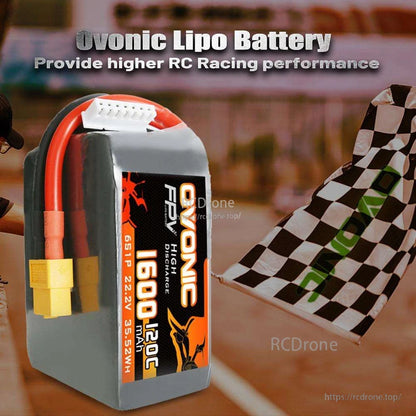 Ovonic LiPo battery promo graphic with checkered racing flag background and XT60 lead visible