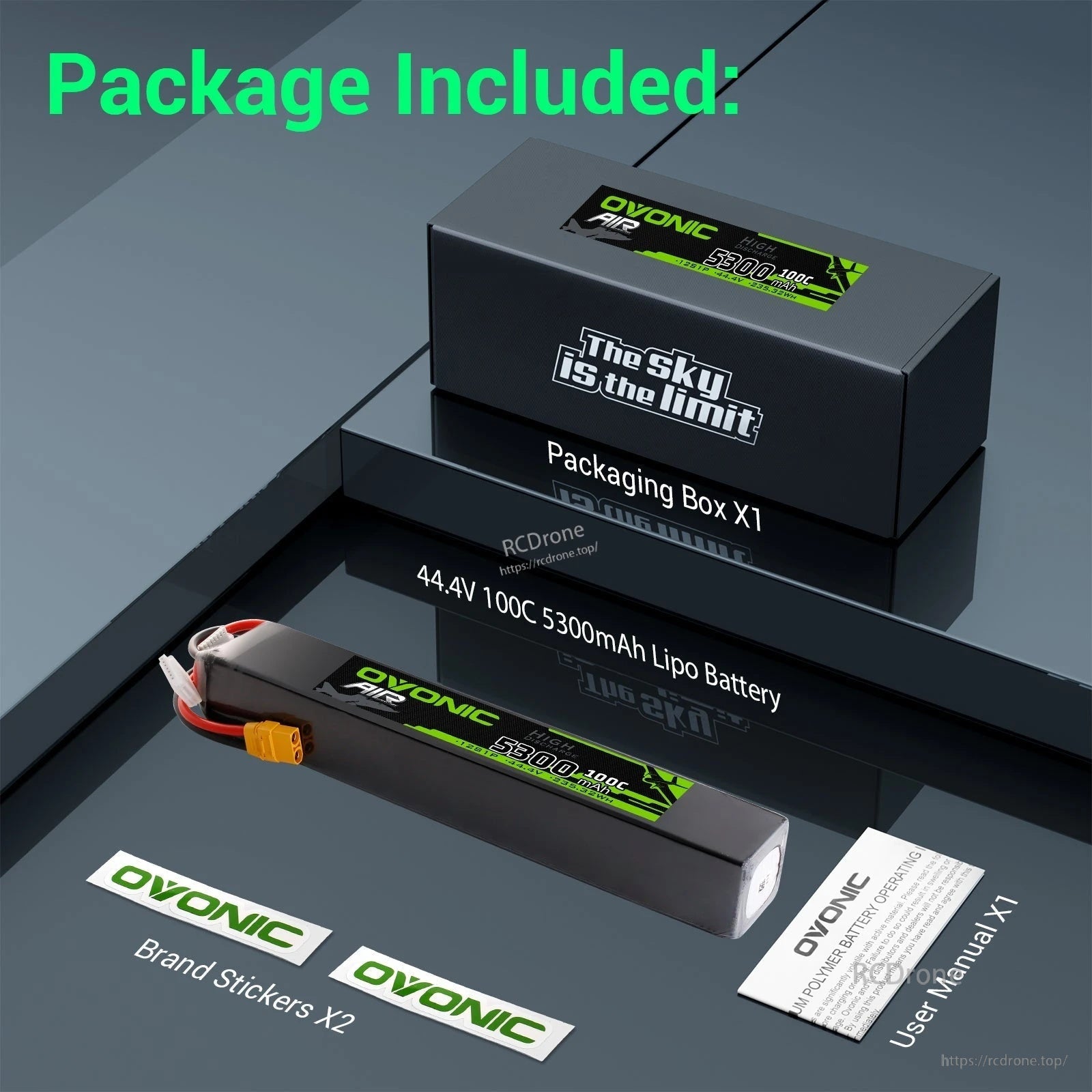 Package contents: Ovonic 12S 44.4V 5300mAh 100C LiPo battery, packaging box, stickers, and user manual