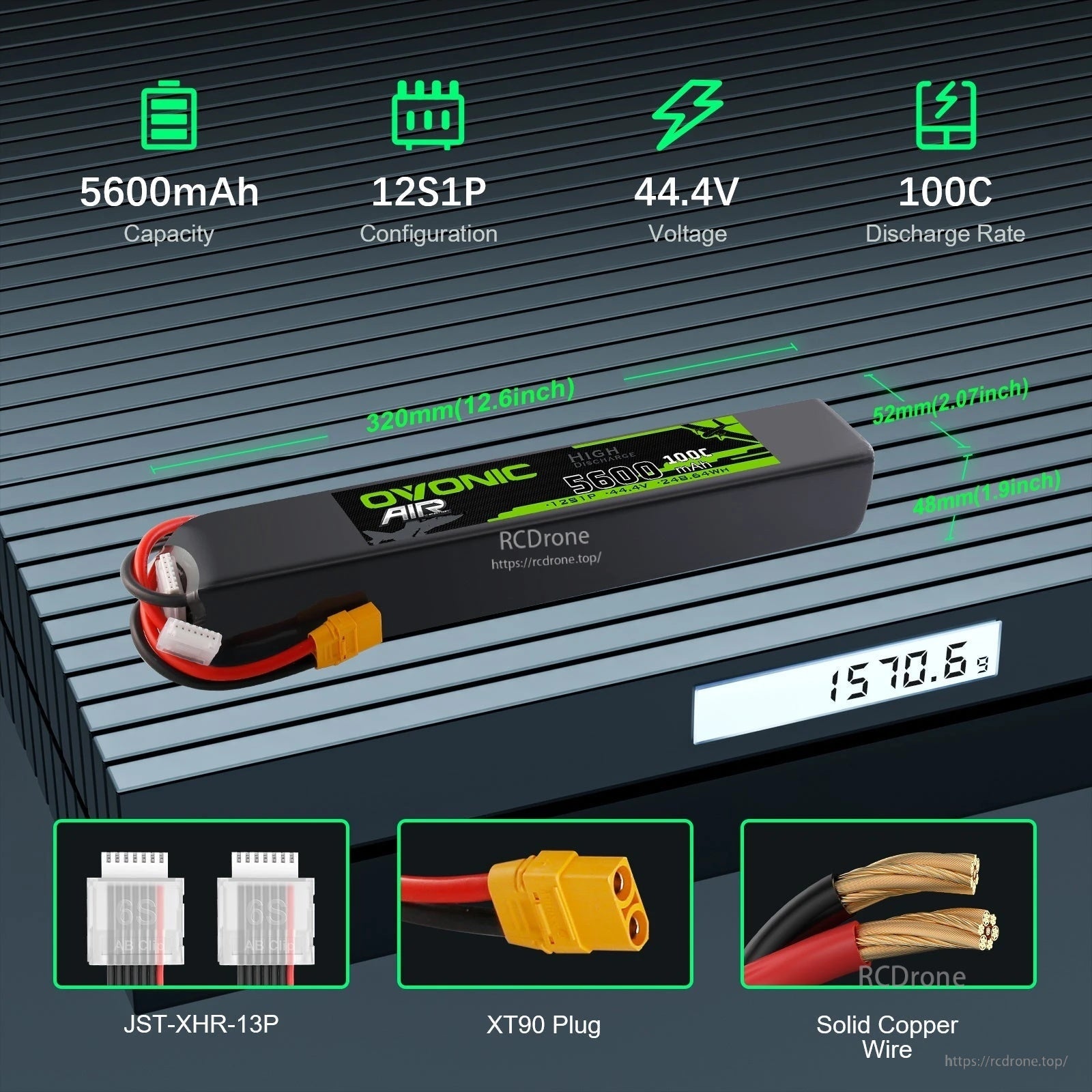OVONIC 12S 44.4V 5600mAh 100C softcase LiPo battery with XT90 plug and JST-XHR-13P