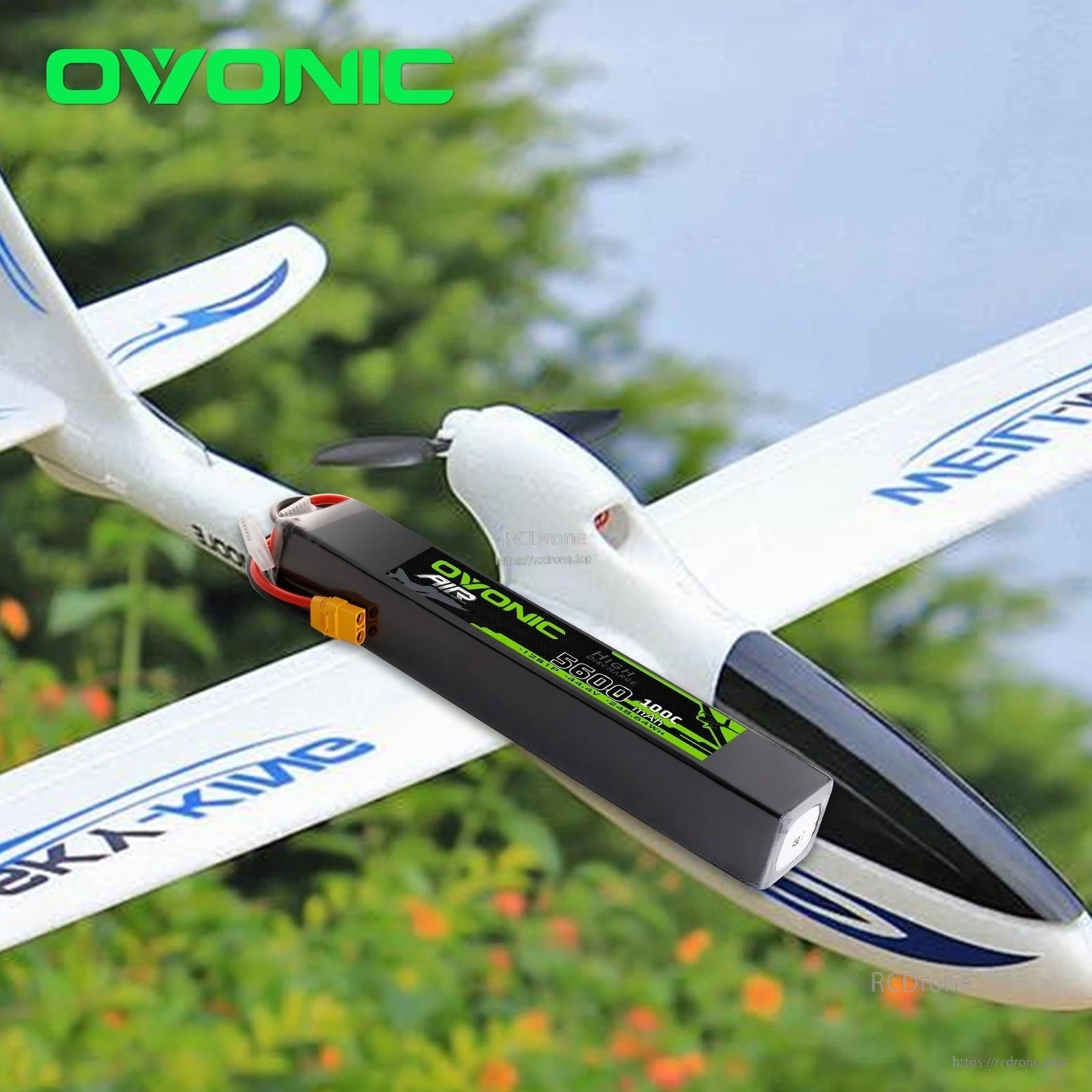 OVONIC 12S 5600mAh softcase LiPo installed in an RC airplane fuselage with XT90 lead visible