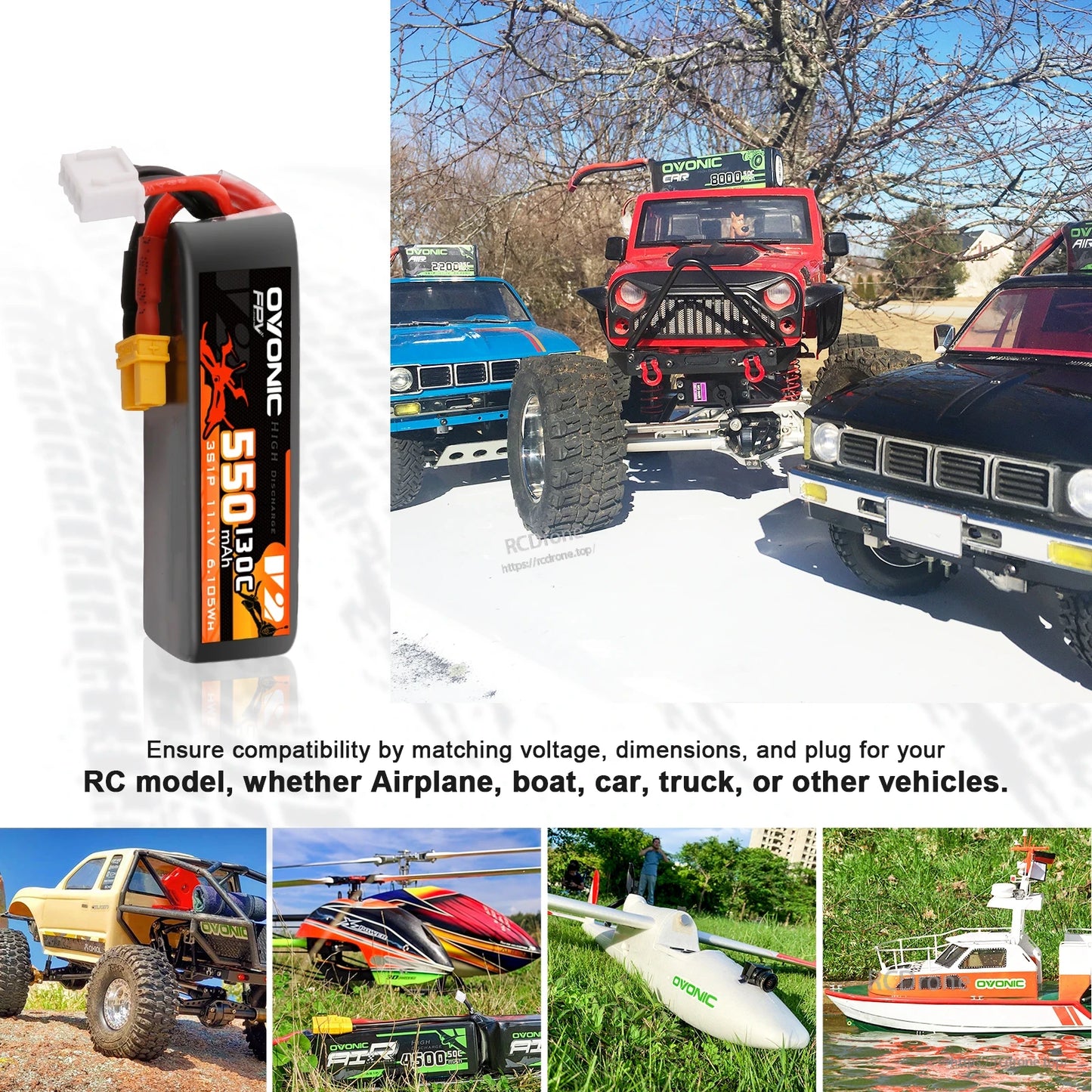 Battery compatibility graphic showing RC models and vehicles like airplane, boat, car, truck, helicopter