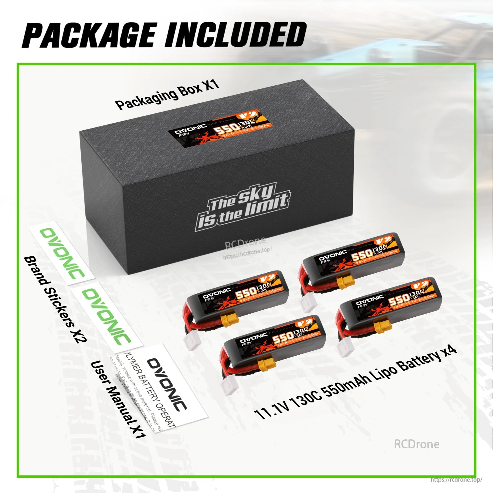 Package contents: box, four 11.1V 130C 550mAh LiPo batteries, user manual, and Ovonic stickers