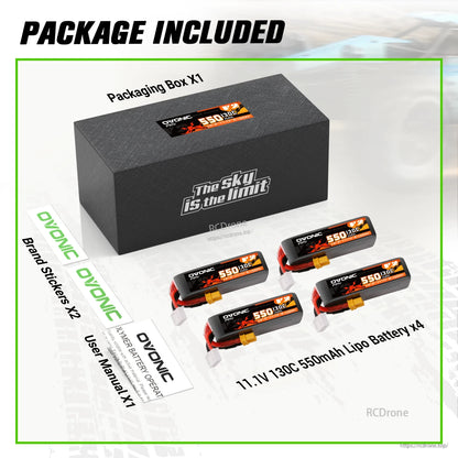 Package contents: box, four 11.1V 130C 550mAh LiPo batteries, user manual, and Ovonic stickers