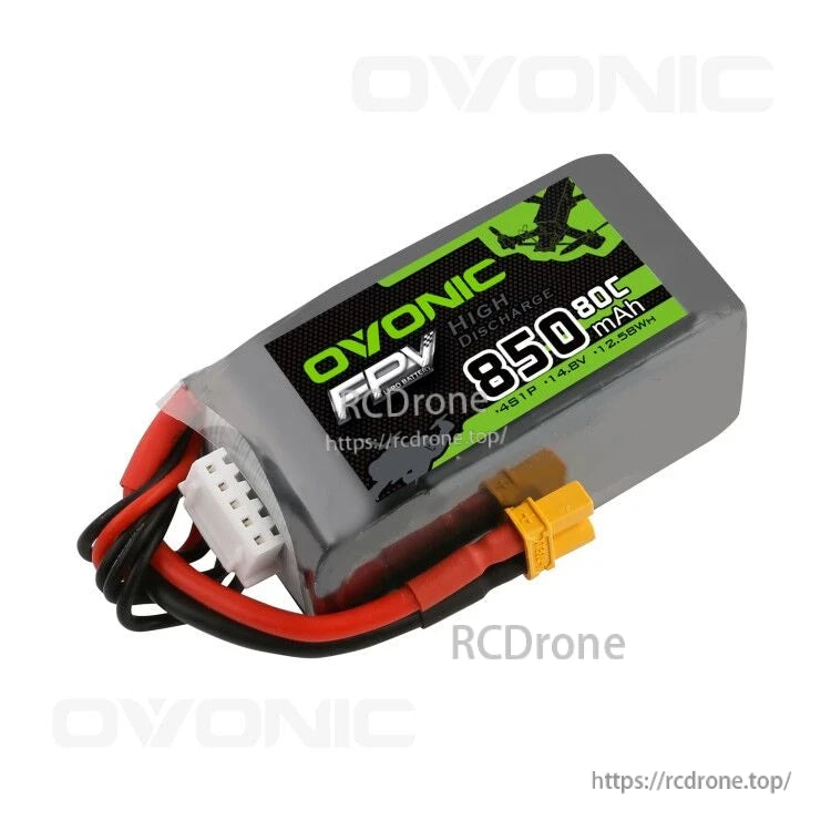 Ovonic 14.8V 850mAh 4S 80C LiPo battery pack with yellow XT30 connector and balance lead
