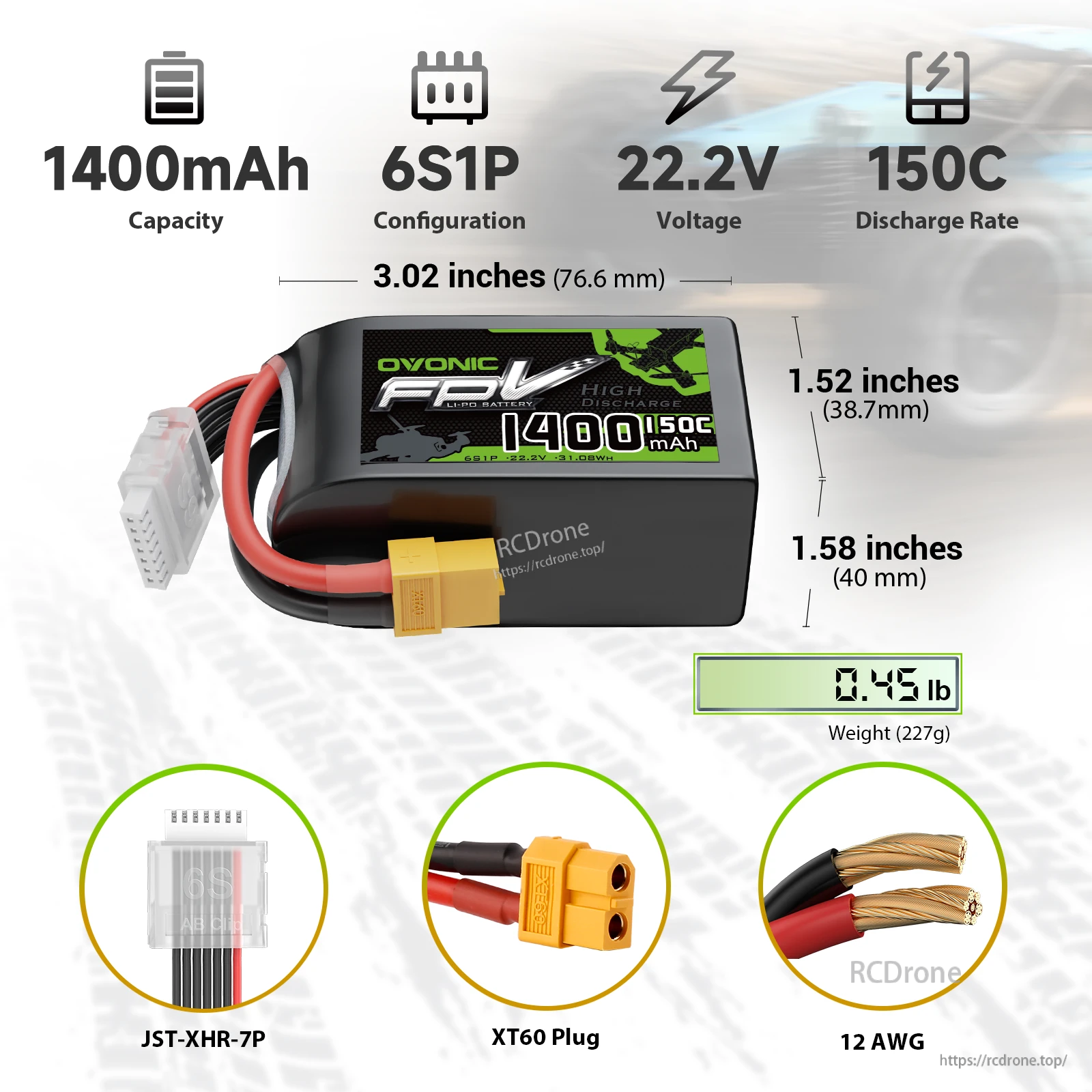 Ovonic Racing Series 6S 1400mAh 22.2V 150C LiPo battery with XT60 and JST-XHR-7P, size/weight