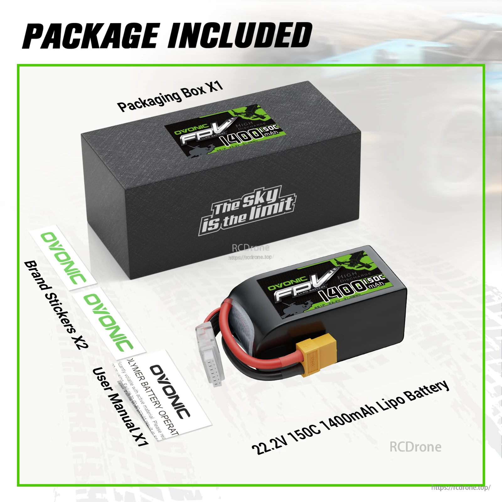 Package contents: Ovonic 22.2V 150C 1400mAh LiPo battery, packaging box, user manual, and two brand stickers