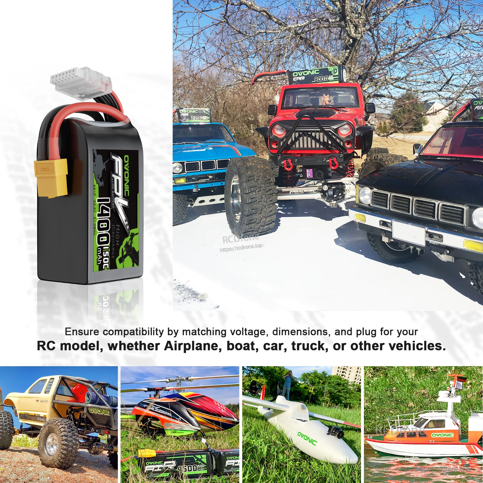 Ovonic 6S LiPo battery with XT60 plug and examples of compatible RC uses like car, plane, helicopter, and boat