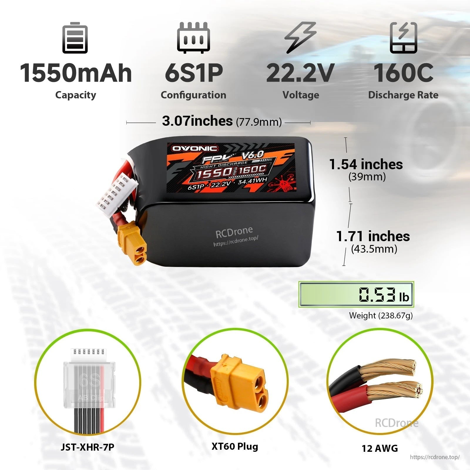 Ovonic 6S1P 1550mAh 22.2V 160C LiPo battery size, weight, and connectors (XT60, JST-XHR-7P, 12AWG)