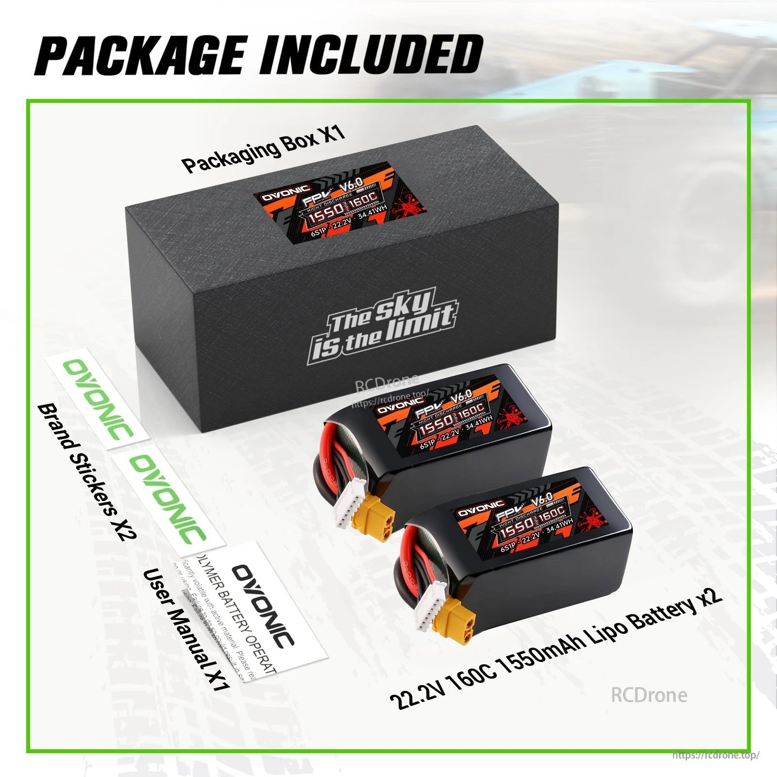 Package contents: Ovonic FPV V6.0 6S 1550mAh 160C LiPo batteries, retail box, stickers, and user manual