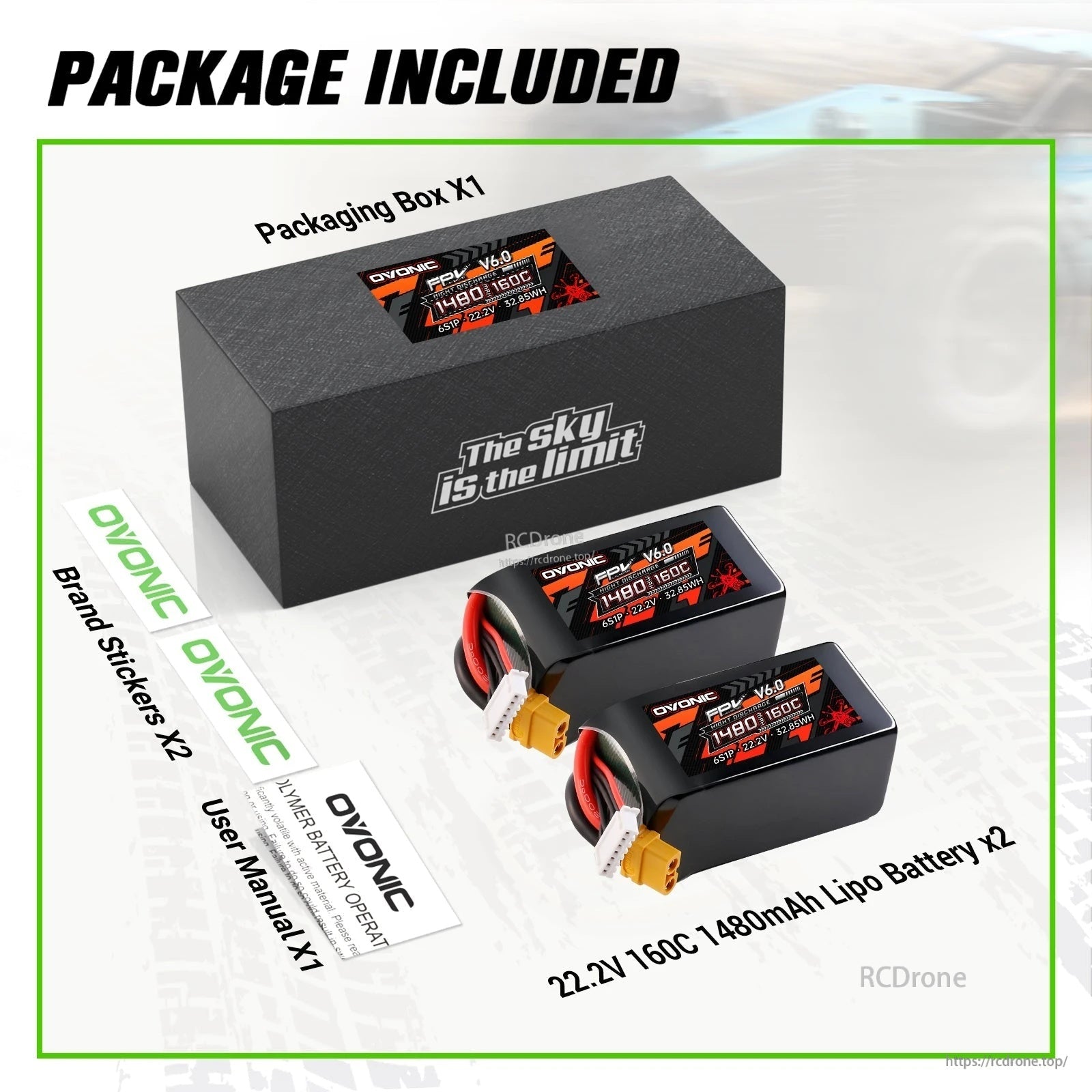 Package contents with Ovonic box, two 22.2V 1480mAh 160C 6S LiPo packs, brand stickers, and user manual