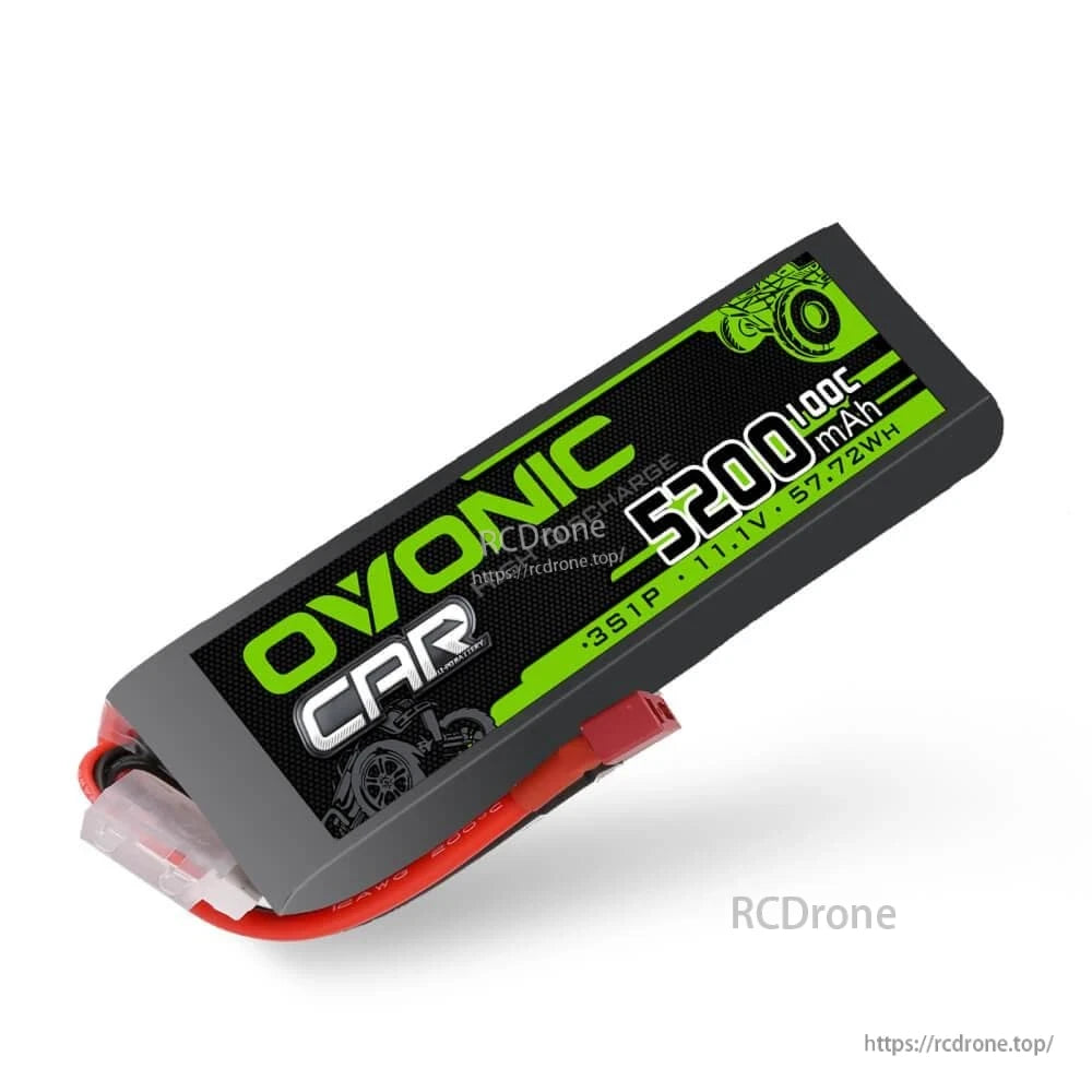 Single Ovonic CAR 5200mAh 11.1V 100C 3S LiPo battery angled view with wiring and connectors