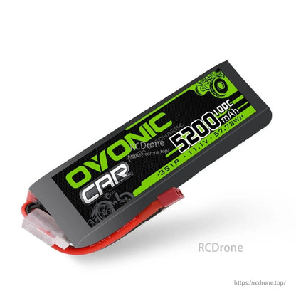 Single Ovonic CAR 5200mAh 11.1V 100C 3S LiPo battery angled view with wiring and connectors