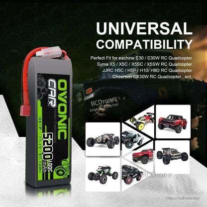 Universal compatibility graphic showing RC car and quadcopter use cases with small vehicle thumbnails