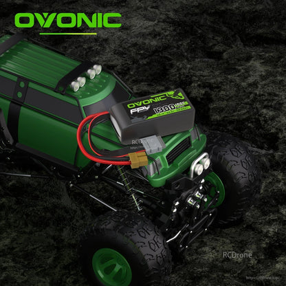 Ovonic 1300mAh 6S LiPo battery installed on RC truck, showing XT60 connector and balance lead