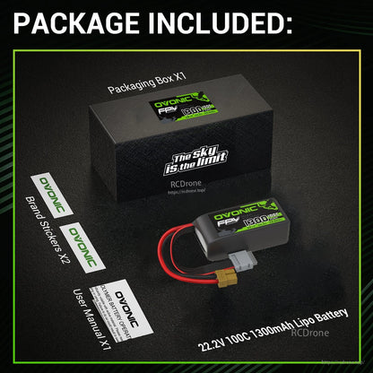 Package contents: Ovonic 22.2V 100C 1300mAh LiPo battery, packaging box, brand stickers and user manual