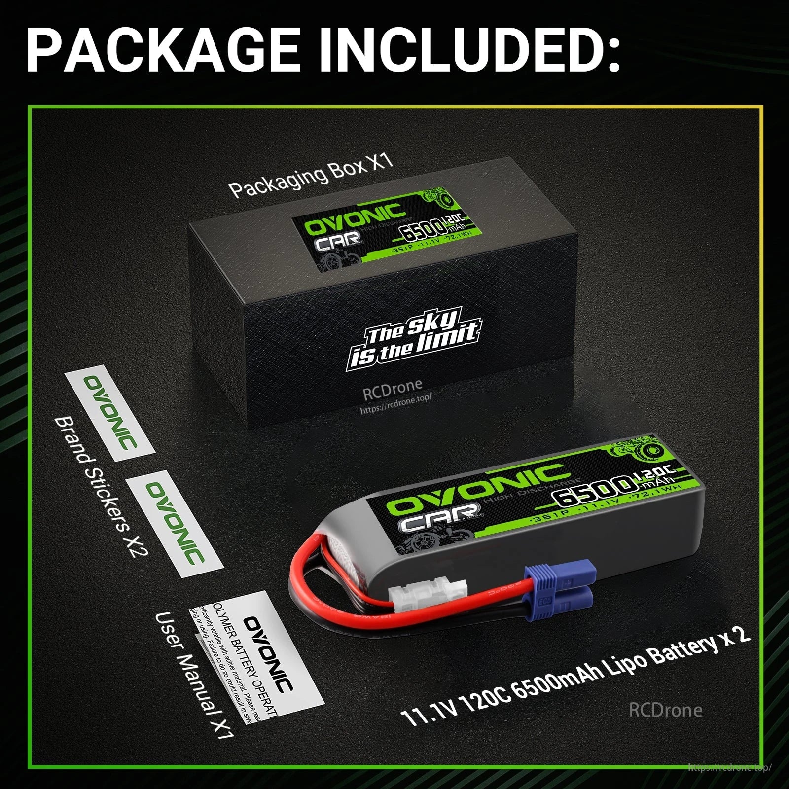 Package contents: 2 batteries, packaging box, brand stickers, and user manual shown together