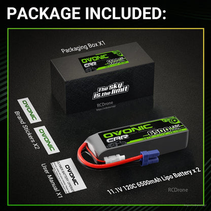 Package contents: 2 batteries, packaging box, brand stickers, and user manual shown together