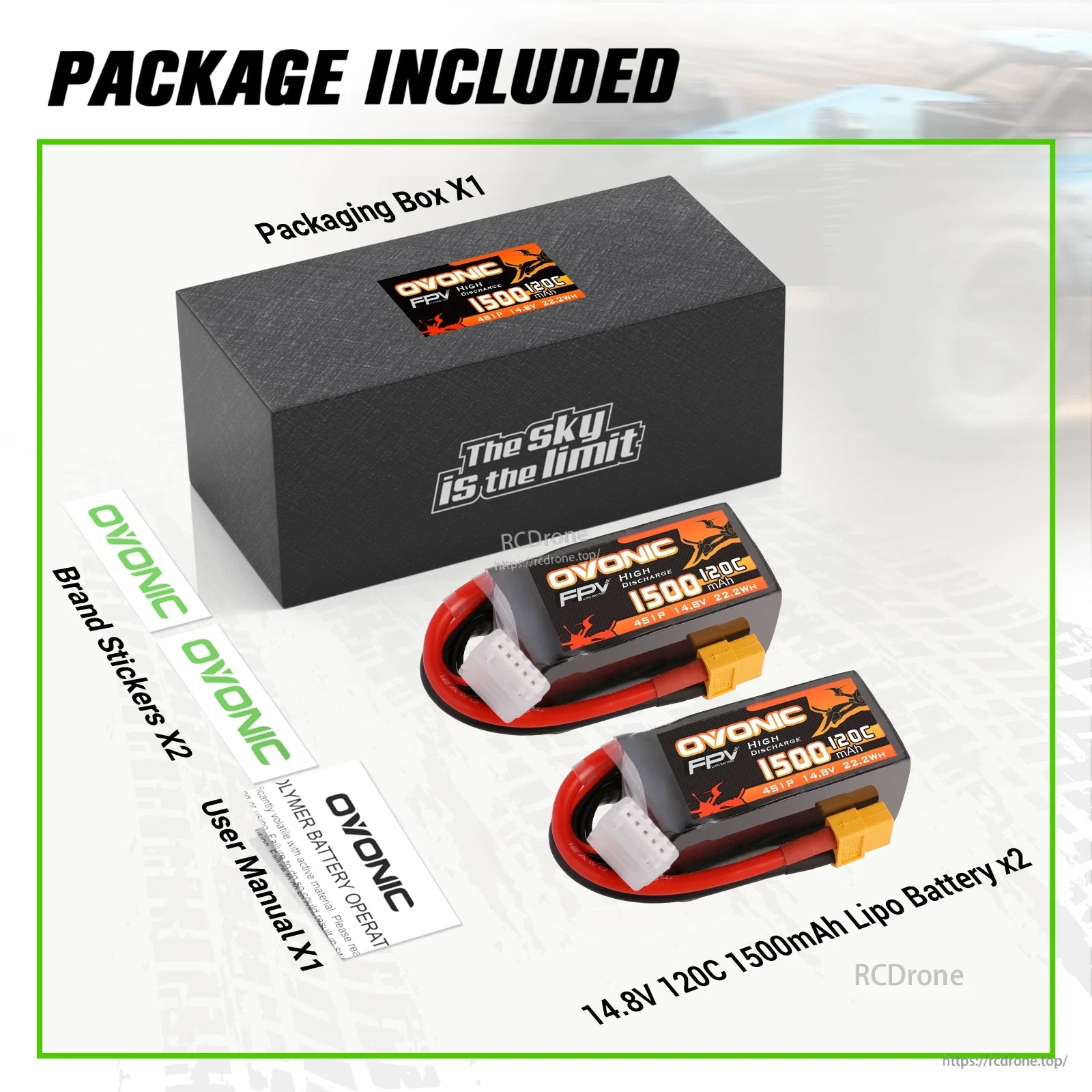 Package contents: 2 Ovonic 14.8V 1500mAh 120C 4S LiPo batteries, box, stickers and user manual