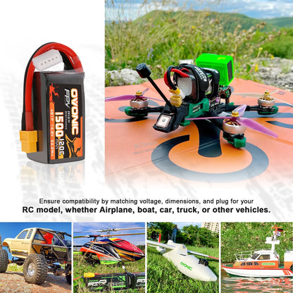 Ovonic 4S 1500mAh LiPo battery shown with FPV drone and RC vehicle application examples collage