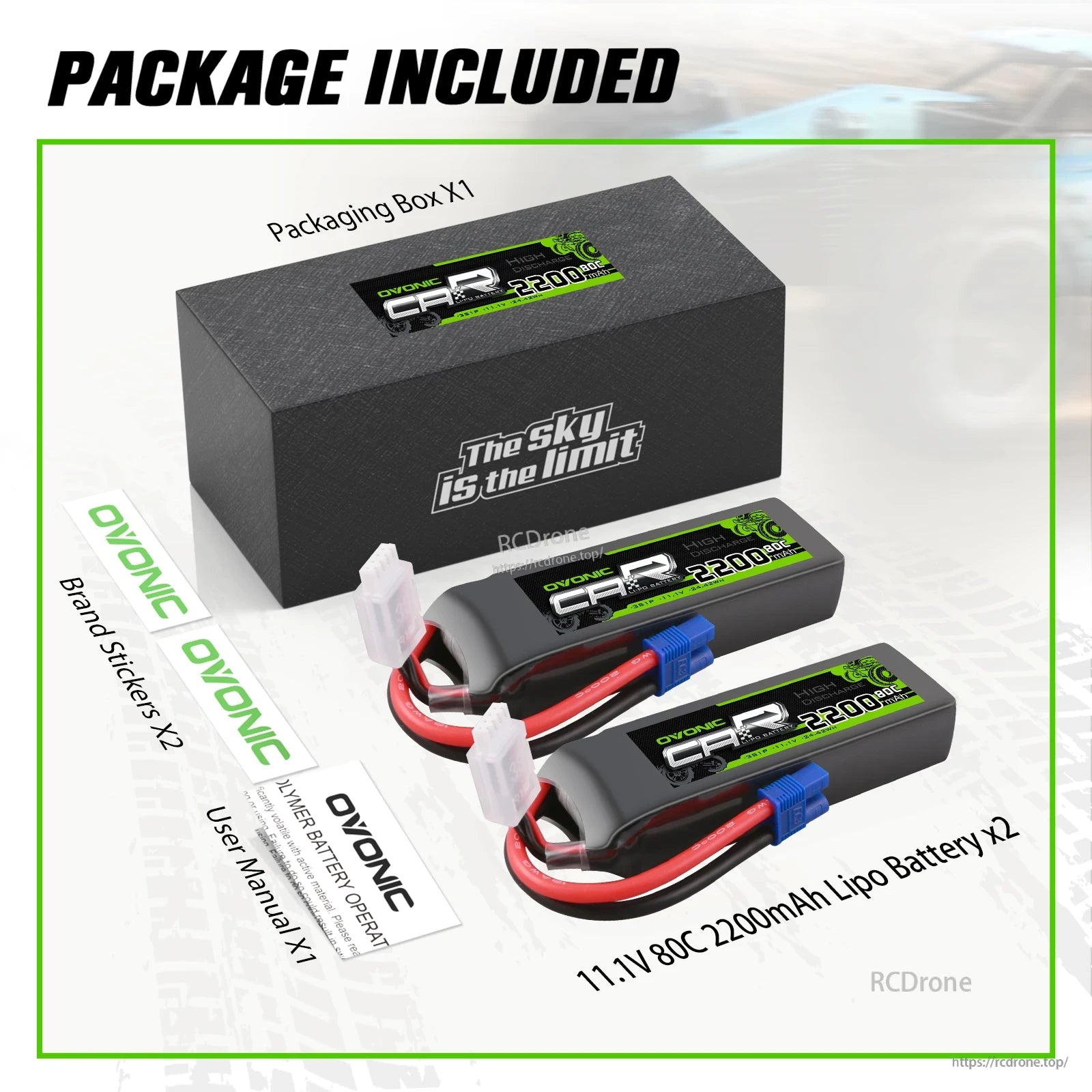 Package included: two 11.1V 80C 2200mAh LiPo batteries, packaging box, stickers and user manual