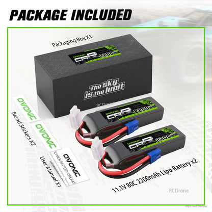 Package included: two 11.1V 80C 2200mAh LiPo batteries, packaging box, stickers and user manual