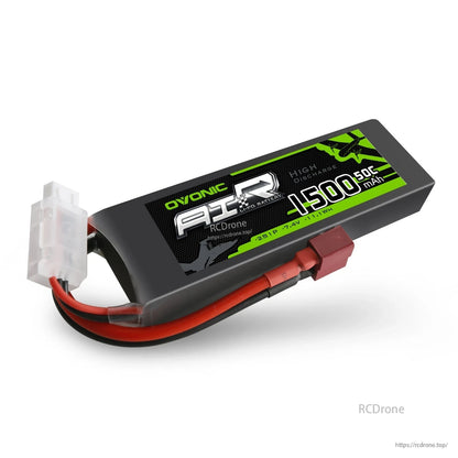 Single Ovonic 2S 1500mAh 50C 7.4V LiPo battery close-up with Deans T connector and balance lead