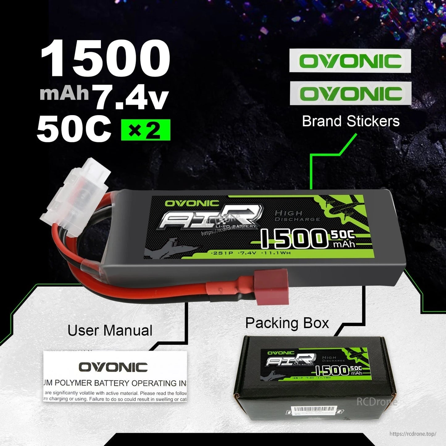 Package contents: Ovonic 2S 1500mAh 7.4V 50C LiPo battery, box, user manual, and brand stickers