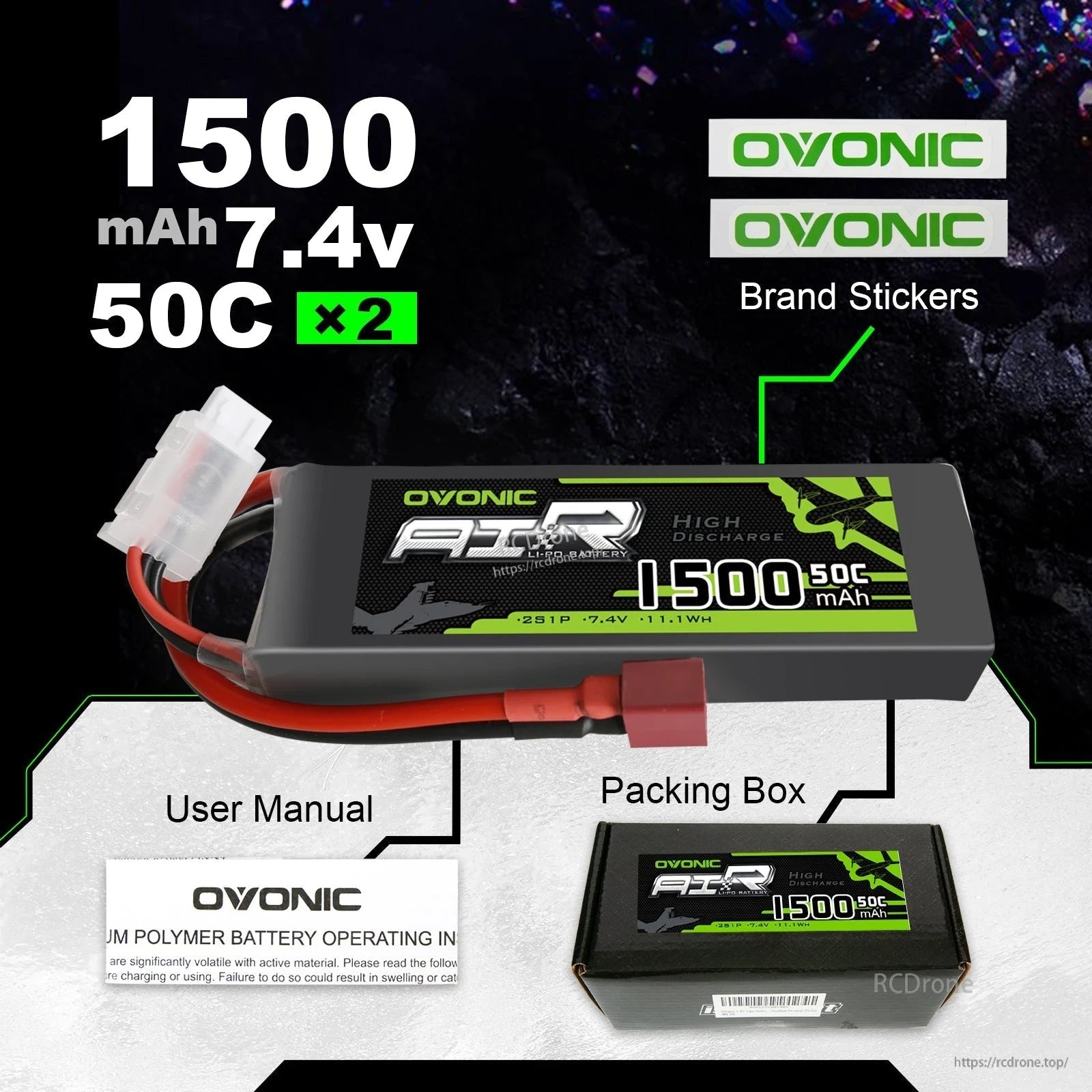 Package contents: Ovonic 2S 1500mAh 7.4V 50C LiPo battery, box, user manual, and brand stickers