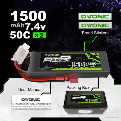 Package contents: Ovonic 2S 1500mAh 7.4V 50C LiPo battery, box, user manual, and brand stickers