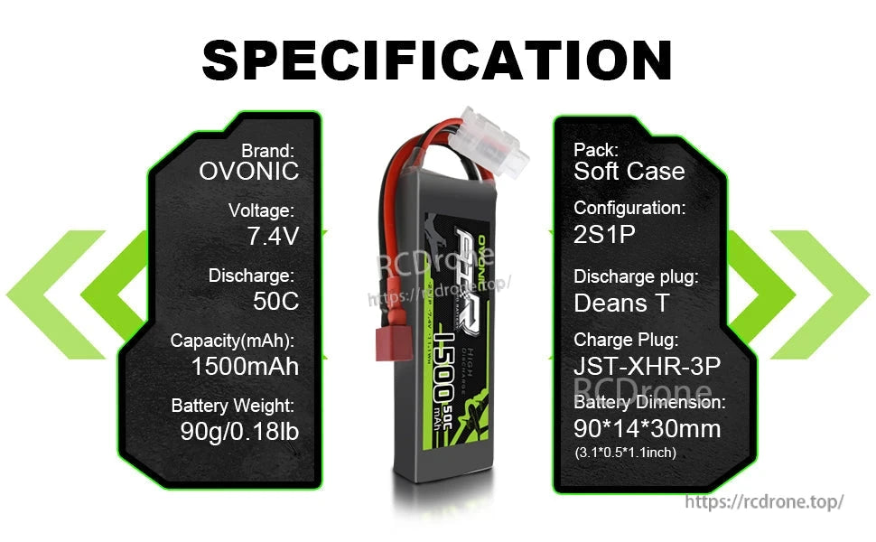 Specification chart for Ovonic 2S 1500mAh 7.4V 50C LiPo battery, soft case, Deans plug, JST-XHR-3P