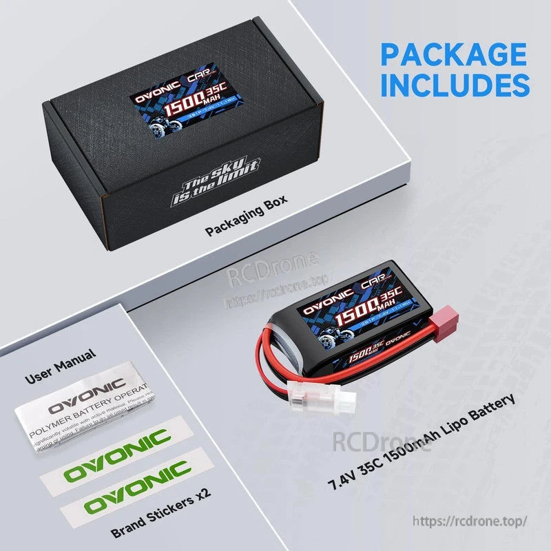 Package contents: Ovonic packaging box, 7.4V 1500mAh 35C LiPo battery, user manual, and two brand stickers