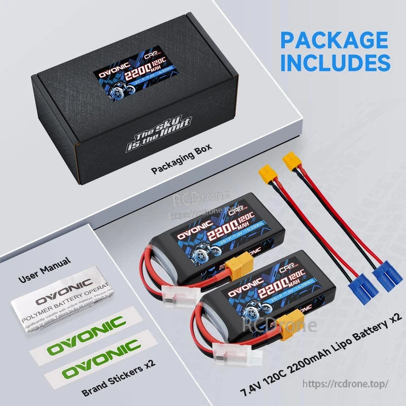 Package contents: two 7.4V 2200mAh 120C LiPo batteries, packaging box, user manual, stickers, and adapter leads