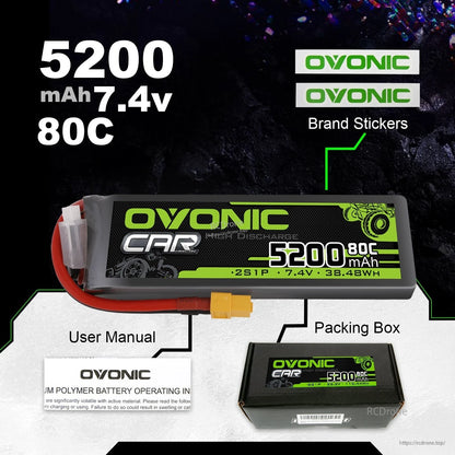 Package contents: Ovonic 5200mAh 7.4V 80C battery, packing box, user manual, and brand stickers