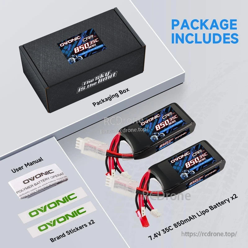 Package contents: two Ovonic 2S 850mAh 7.4V 35C LiPo batteries, USB charger, user manual and brand stickers