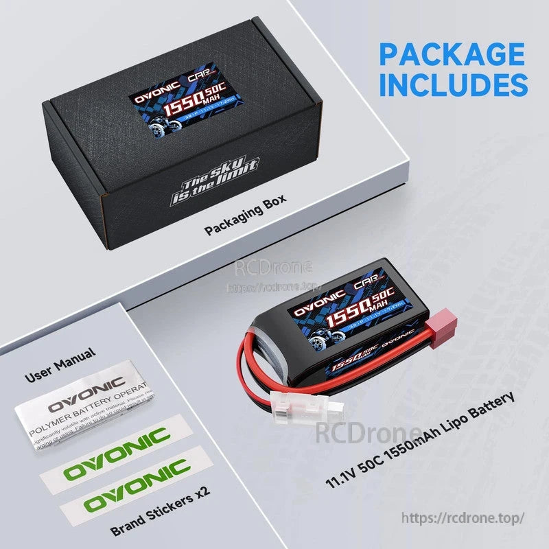 Package includes: Ovonic packaging box, 11.1V 1550mAh LiPo battery, user manual, and two brand stickers