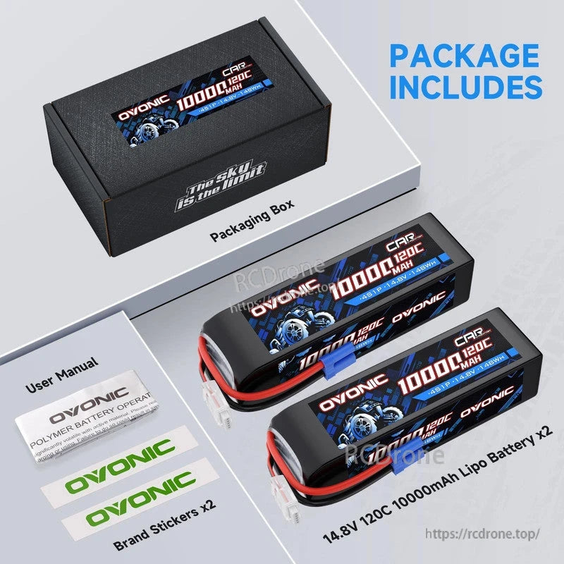 Package includes two 14.8V 120C 10000mAh batteries, packaging box, user manual and two Ovonic stickers