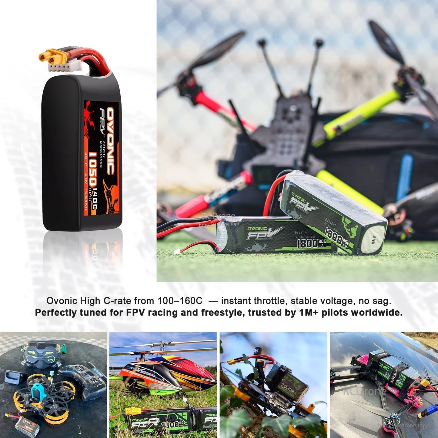 FPV drone application collage showing LiPo battery in use on racing/freestyle quadcopter and upright side view