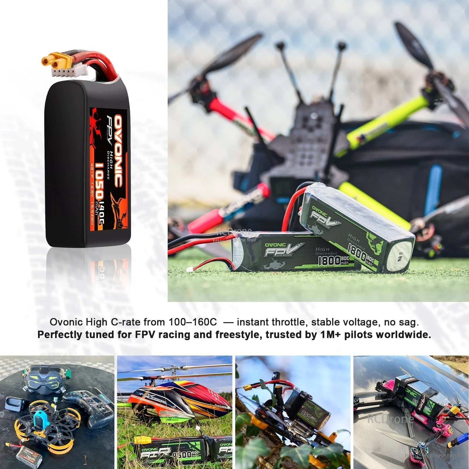 FPV drone application collage showing LiPo battery in use on racing/freestyle quadcopter and upright side view