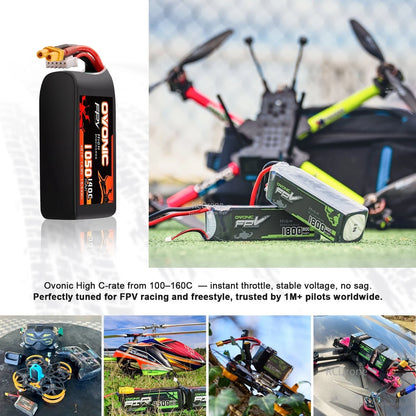 FPV drone application collage showing LiPo battery in use on racing/freestyle quadcopter and upright side view
