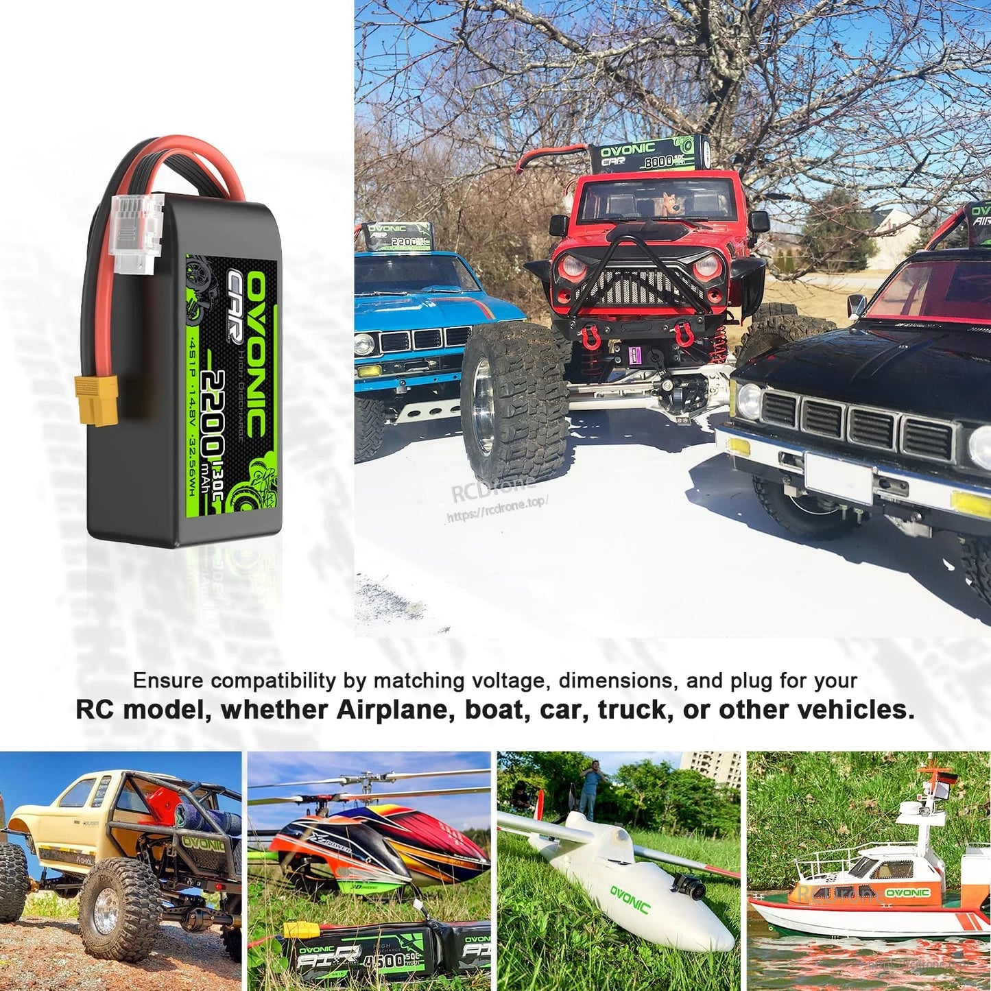 RC application collage showing LiPo battery used for RC cars, airplane, helicopter, and boat models
